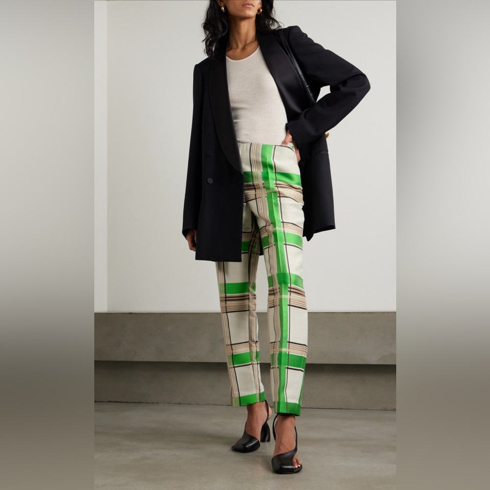 Dries Van Noten NWT Checked Satin Jacquard Pants - Green FR36